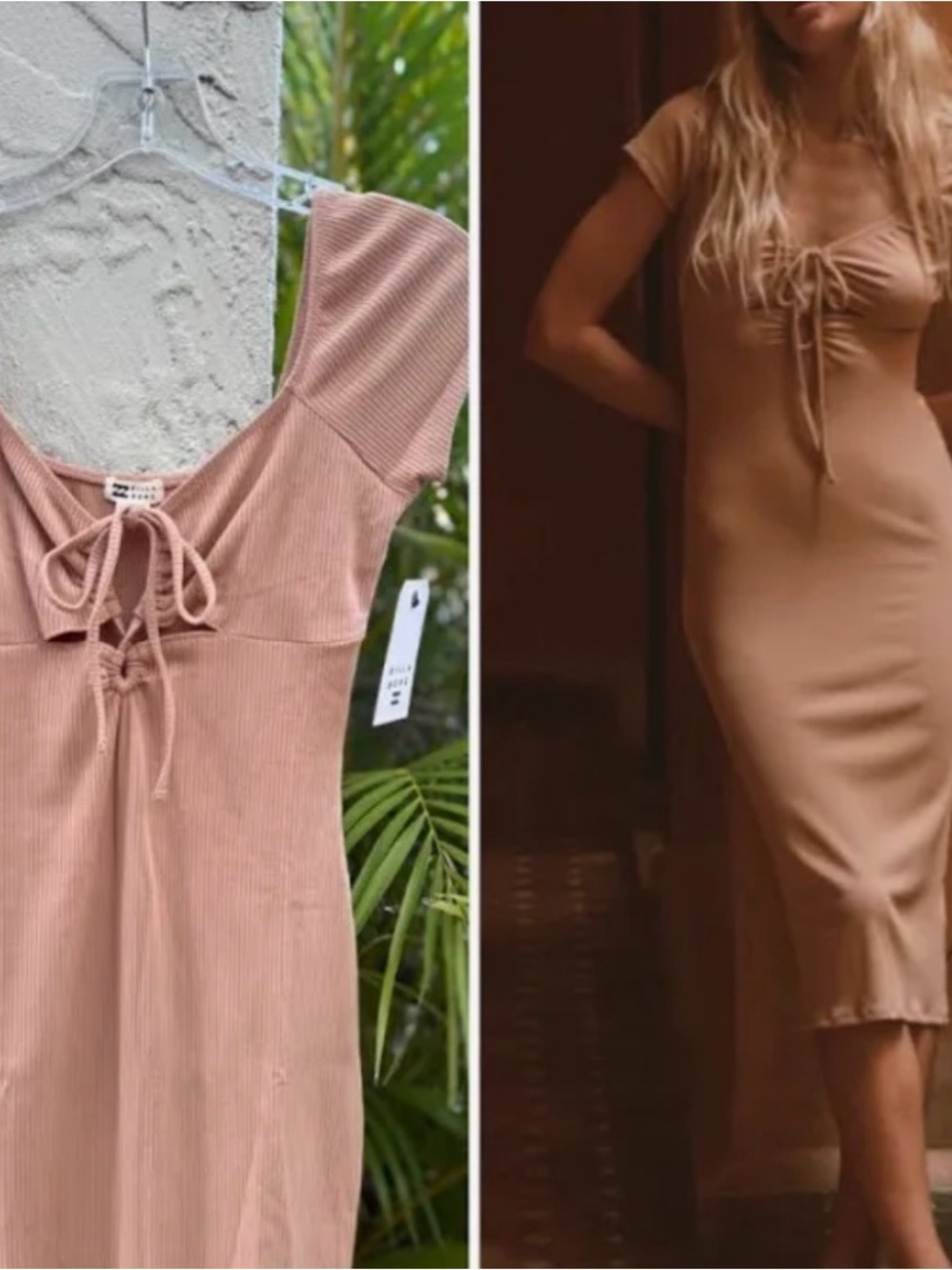 Billabong Women's Ribbed Tie-Front Midi Dress in Light Brown